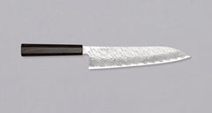 Nigara Gyuto VG-10 Damascus Tsuchime 240mm (9.4") is a multi-purpose Japanese kitchen knife, suitable for preparing meat, fish, and vegetables. VG-10 stainless steel ensures a fine sharpness with little to no maintenance. As such, the knife is also suitable as a first Japanese knife or gift. Fitted with an ebony handle.