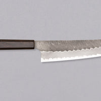 Nigara Kiri-Gyuto AS Migaki Tsuchime is a multi-purpose Japanese kitchen knife, suitable for preparing meat, fish and vegetables. Due to its easy-to-resharpen Aogami Super steel core (63 HRC) it keeps sharp for a long time. The beautiful combination of tsuchime, migaki and kasumi finishes makes this blade functional art.