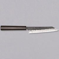 Right side view of the Nigara Kiri-Petty Aogami Super Migaki Tsuchime 150 mm, highlighting the elegant design and functionality of this Japanese knife. The Nigara Hamono logo and kanji are visible, adding a unique touch to the blade.