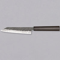 Left side view of the Nigara Kiri-Petty Aogami Super Migaki Tsuchime 150 mm, showing the blade and handle, emphasizing the combination of tsuchime, migaki, and kasumi finishes.