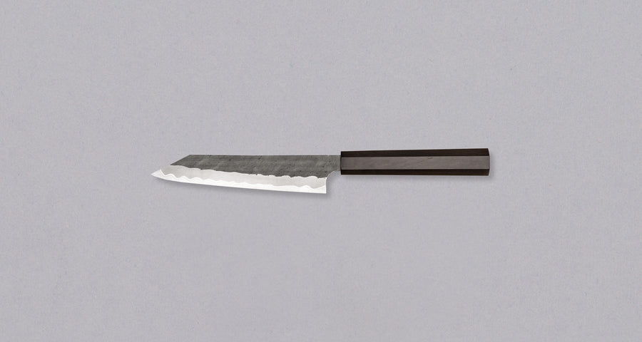 Left side view of the Nigara Kiri-Petty Aogami Super Migaki Tsuchime 150 mm, showing the blade and handle, emphasizing the combination of tsuchime, migaki, and kasumi finishes.