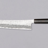 Nigara Kiritsuke Gyuto VG-10 Damascus Tsuchime 240mm (9.4") is a multi-purpose Japanese kitchen knife, suitable for preparing meat, fish, and vegetables. VG-10 stainless steel ensures a fine sharpness with little to no maintenance. As such, the knife is also suitable as a first Japanese knife or gift. Fitted with an ebony handle.
