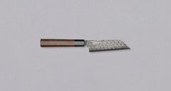 Nigara Kiritsuke Petty SG2 Damascus 120mm is a Japanese kitchen knife suitable for smaller cutting tasks. It's adorned with a raindrop damascus pattern and fitted with a wenge wood handle. Its SG2 powder steel core ensures long-lasting sharpness with little to no maintenance, as the steel resists corrosion very well.