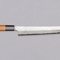 Nigara Kurozome Sakimaru Yanagiba Aogami #2 Damascus 270mm (10.6") is a traditional single-bevel Japanese knife used for preparing meat and raw fish, especially sashimi&nbsp;and&nbsp;nigiri sushi, and meat. Its length allows the user to slice different types of protein in one single pulling motion.