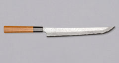 Nigara Kurozome Sakimaru Yanagiba Aogami #2 Damascus 270mm (10.6") is a traditional single-bevel Japanese knife used for preparing meat and raw fish, especially sashimi&nbsp;and&nbsp;nigiri sushi, and meat. Its length allows the user to slice different types of protein in one single pulling motion.