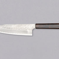 Nigara Santoku AS Migaki Tsuchime is a multi-purpose Japanese kitchen knife, suitable for preparing meat, fish and vegetables. Due to its easy-to-resharpen Aogami Super steel core (63 HRC) it keeps sharp for a long time. The beautiful combination of tsuchime, migaki and kasumi finishes makes this blade functional art.