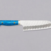Nigara Santoku SG2 Migaki Tsuchime Turquoise is a multi-purpose Japanese kitchen knife, suitable for preparing meat, fish and vegetables. Its SG2 powder steel core ensures long-lasting sharpness with little to no maintenance, as the steel resists corrosion very well. Browse our selection of handcrafted Japanese knives!