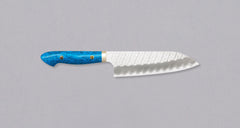 Nigara Santoku SG2 Migaki Tsuchime Turquoise is a multi-purpose Japanese kitchen knife, suitable for preparing meat, fish and vegetables. Its SG2 powder steel core ensures long-lasting sharpness with little to no maintenance, as the steel resists corrosion very well. Browse our selection of handcrafted Japanese knives!