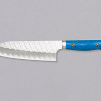Nigara Santoku SG2 Migaki Tsuchime Turquoise is a multi-purpose Japanese kitchen knife, suitable for preparing meat, fish and vegetables. Its SG2 powder steel core ensures long-lasting sharpness with little to no maintenance, as the steel resists corrosion very well. Browse our selection of handcrafted Japanese knives!