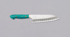 Nigara Santoku SG2 Migaki Tsuchime Green-Turquoise is a multi-purpose Japanese kitchen knife, suitable for preparing meat, fish and vegetables. Its SG2 powder steel core ensures long-lasting sharpness with little maintenance, as the steel resists corrosion very well. Browse our selection of handcrafted Japanese knives!