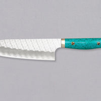 Nigara Santoku SG2 Migaki Tsuchime Green-Turquoise is a multi-purpose Japanese kitchen knife, suitable for preparing meat, fish and vegetables. Its SG2 powder steel core ensures long-lasting sharpness with little maintenance, as the steel resists corrosion very well. Browse our selection of handcrafted Japanese knives!