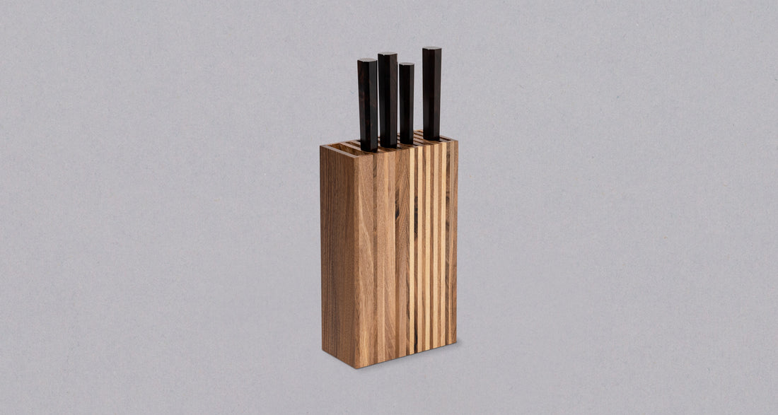 SharpEdge knife holders are entirely handmade from walnut wood by the Slovenian carpenter Simon Žvanut (Monoles). The knife holder is suitable for storing up to 10 kitchen knives of various sizes and is coated with high-quality wood oil based on natural oils enriched with quality resins and waxes.