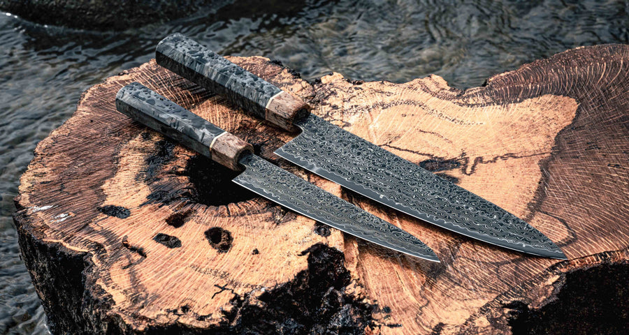 The Senzo Dawn Limited Edition Gyuto SG2 200mm (7.9") is a multi-purpose Japanese knife, hand-made in the Japanese smithy Suncraft. It's a stunning collector's item. The knife is fitted with a traditional Japanese octagonal handle topped with a special ferrule made from the wood of a 300-year-old holy oak tree.