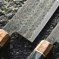 The Senzo Dawn Limited Edition Gyuto SG2 200mm (7.9") is a multi-purpose Japanese knife, hand-made in the Japanese smithy Suncraft. It's a stunning collector's item. The knife is fitted with a traditional Japanese octagonal handle topped with a special ferrule made from the wood of a 300-year-old holy oak tree.