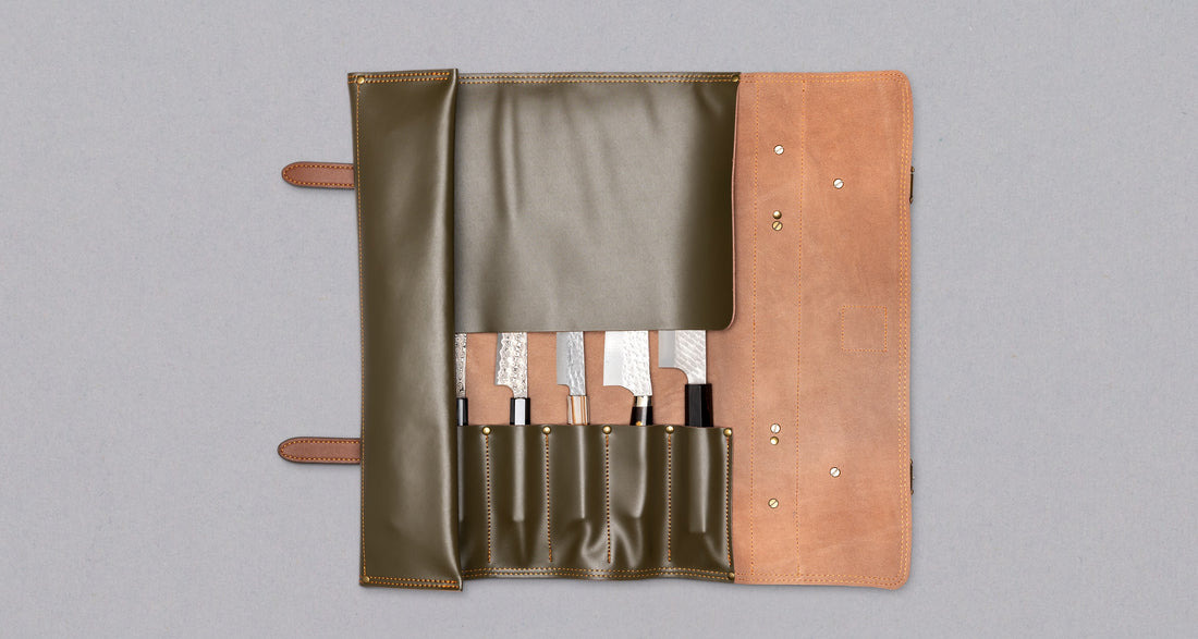 Chefs Leather Knife Roll is a must for every professional chef or passionate home cook with a large arsenal of kitchen tools. An elegant and safe way to store and transport your knives and kitchen accessories wherever the job takes you. This Chefs Leather Knife Roll is made of dark green suede leather, holds 6 knives.