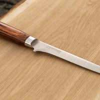 Presenting a knife designed specifically for the difficult task of separating meat from bone. Suitable for various types of meat - for trimming, boning and other butchering work. The blade length is 160 mm. Suitable for cooking enthusiasts and professional chefs alike. The core of the blade has a high-polish finish and is forged out of VG-5 (High Carbon Molybdenum Vanadium Steel) steel hardened to 61 HRC. 