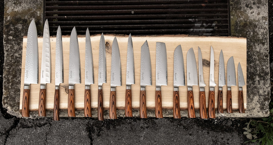 Tamahagane Tsubame Slicer knife is primarily intended for long pulls and precise cuts of meat and fish. The 240mm (9.5") version is designed for medium-sized fish and pieces of meat. A matte blade finish, featured with the core VG-5 steel hardened to 61 HRC. Pictured: Set of Tamahagane knives we currently have available. Perfect to assemble your own personal set