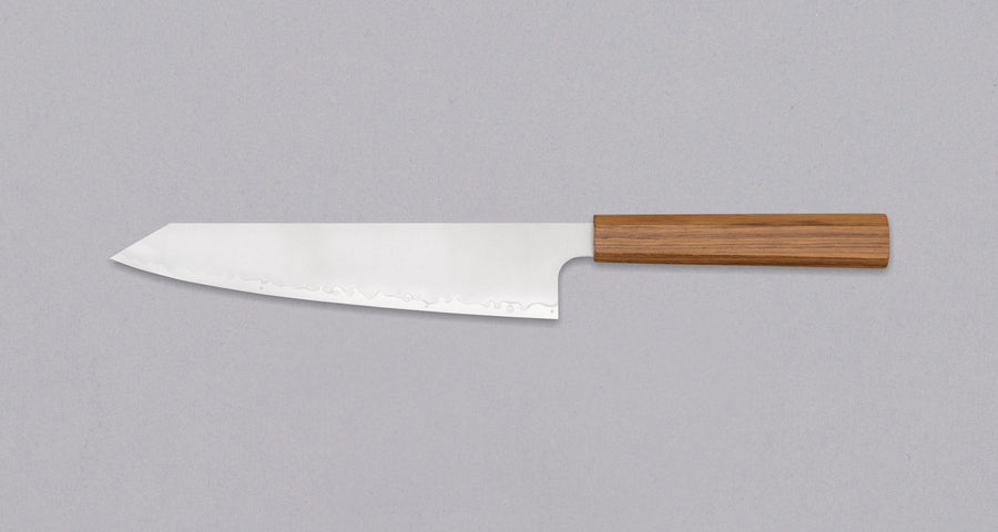 Tojiro Kiritsuke Gyuto Reppu SG2 210 mm knife with elegant migaki finish and rounded belly for versatile kitchen tasks.