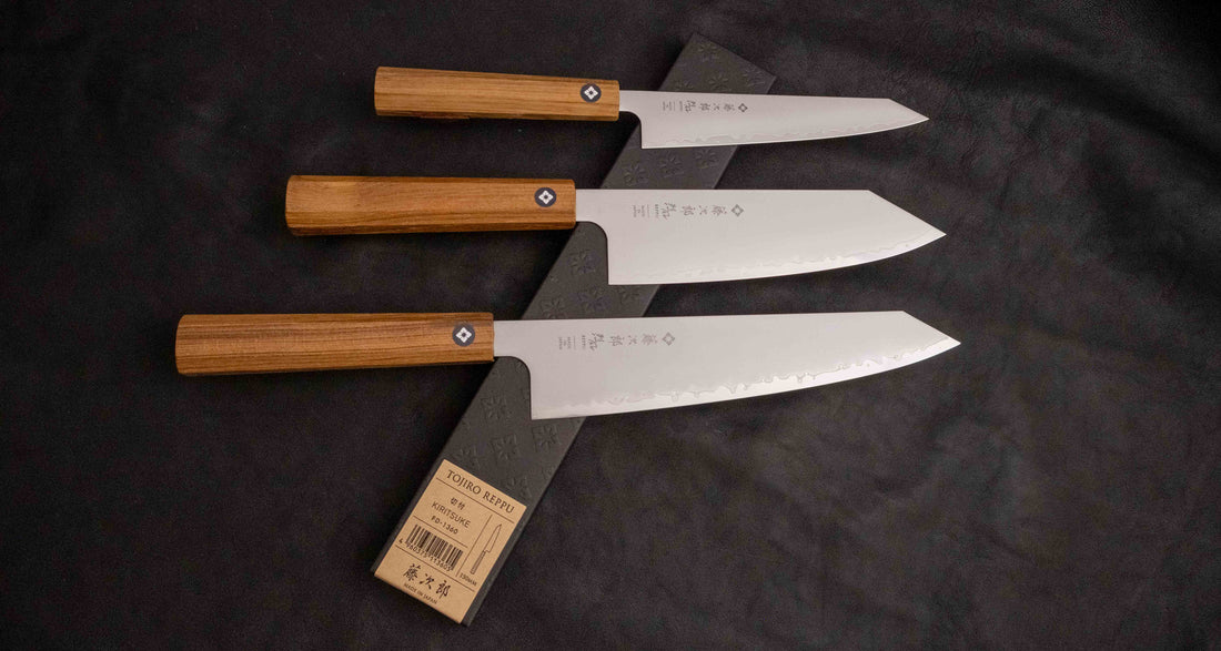 A premium set of Tojiro Kiritsuke Gyuto knives, featuring a selection of expertly crafted blades, including the SG2 core and elegant san mai finish, all housed in stylish wooden handles. Perfect for both home and professional chefs, offering precision, durability, and exceptional sharpness.