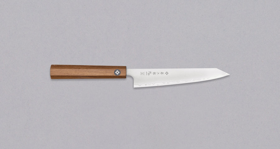 Tojiro Petty Reppu SG2 150 mm knife with SG2 powder steel core and a durable teak wood handle, ideal for precise kitchen tasks.