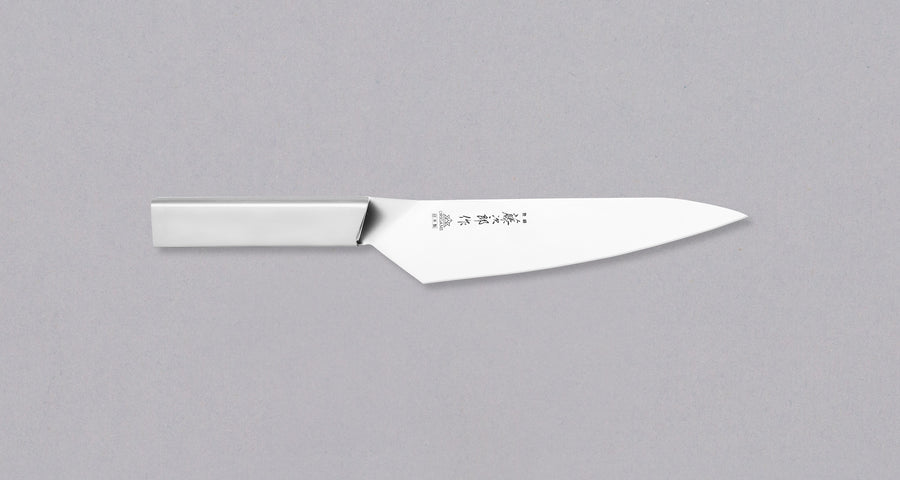 Tojiro Origami Gyuto is a multi-purpose, low-maintenance, and affordable chef's knife. The design is unique—the knife is made from a single folded metal sheet, with no welding process involved. It was awarded a world-famous iF Design Award. The blade is made of molybdenum vanadium steel with a hardness of 58-59 HRC.
