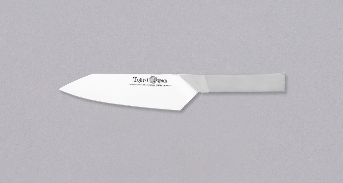 Tojiro Origami Santoku is a multi-purpose, low-maintenance and affordable Japanese knife. The design is unique—the knife is made from a single folded metal sheet, with no welding process involved. It was awarded a world-famous iF Design Award. The blade is made of molybdenum vanadium steel with a hardness of 58-59 HRC.
