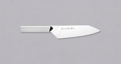 Tojiro Origami Santoku is a multi-purpose, low-maintenance and affordable Japanese knife. The design is unique—the knife is made from a single folded metal sheet, with no welding process involved. It was awarded a world-famous iF Design Award. The blade is made of molybdenum vanadium steel with a hardness of 58-59 HRC.