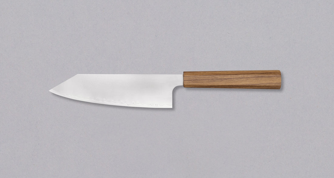 Tojiro Bunka Reppu SG2 170mm knife featuring a sleek SG2 powder steel blade and a teak wood Japanese handle, designed for versatile kitchen tasks.