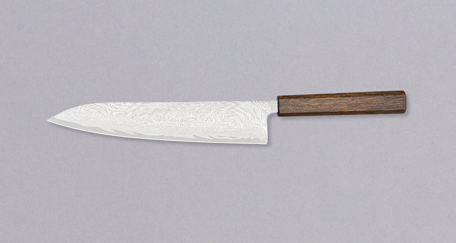 Tsunehisa Gyuto AUS-10 Nami 240mm is a multi-purpose Japanese kitchen knife, suited for preparing meat, fish and vegetables. It’s a great choice for those looking for a knife with a bit more blade real estate. AUS-10 steel is a no-fuss stainless steel with a fine sharpness and great edge retention.