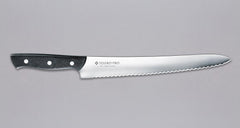 Micarta Pankiri (Bread Knife) 270mm (10.6")_1A hand-forged Tojiro Micarta 270mm (10.6") bread knife with a compact black woods handle and a long blade (270 mm) is an indispensable tool for either professional chefs or passionate home cooks (sourdough enthusiasts, raise your hands!). The blade is made from Molybdenum Vanadium steel with 57–59 HRC.