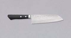 Etsu Village Damascus Santoku Black 170mm (6.7")_1  Damascus Santoku Black features a Western-style (Yo) handle from black micarta. This knife will be a great addition to your kitchen, suitable for cutting veggies, meat and fish. Blacksmith Masutani is known as an incredibly good knife sharpener, and his knives are no different, featuring a very thin spine (around 1.8mm).