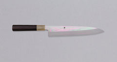 Kawamura Mizu-Honyaki Gyuto is a hand-forged masterpiece. Crafted with incredible precision, it is not simply a Japanese knife but a piece of art. On one side it is adorned with Mt Fuji and a full moon, which is replaced with a crescent on the other. A stunning collector's item, this Shirogami #2 steel honyaki blade with a rainbow sheen is&nbsp;forged from a single piece of high-carbon Yasuki Shirogami (White Steel) #2.