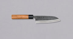 Muneishi Santoku Aogami #2 Kuro-uchi 210mm is a multi-purpose Japanese kitchen knife, suitable for preparing meat, fish, and vegetables. High-carbon Aogami #2 steel is easy to sharpen to a very fine sharpness. A  beautiful cherry wood oval handle has a pakka ferrule – providing a nice contrast to the dark blade.