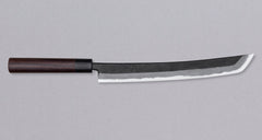 The Tsunehisa Sakimaru Sujihiki Aogami #2 270mm is a traditional Japanese knife used for preparing meat and fish, especially sashimi and nigiri sushi. The name sakimaru refers to the tanto tip, which is one of the main features of a katana. Made from Aogami #2 high-carbon steel, fitted with a rosewood japanese handle.