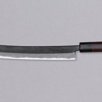 The Tsunehisa Sakimaru Sujihiki Aogami #2 270mm is a traditional Japanese knife used for preparing meat and fish, especially sashimi and nigiri sushi. The name sakimaru refers to the tanto tip, which is one of the main features of a katana. Made from Aogami #2 high-carbon steel, fitted with a rosewood japanese handle.